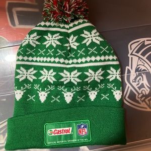 Castrol NFL motor Oil beanie cap hat green & white W/ Red, White, Green Pom